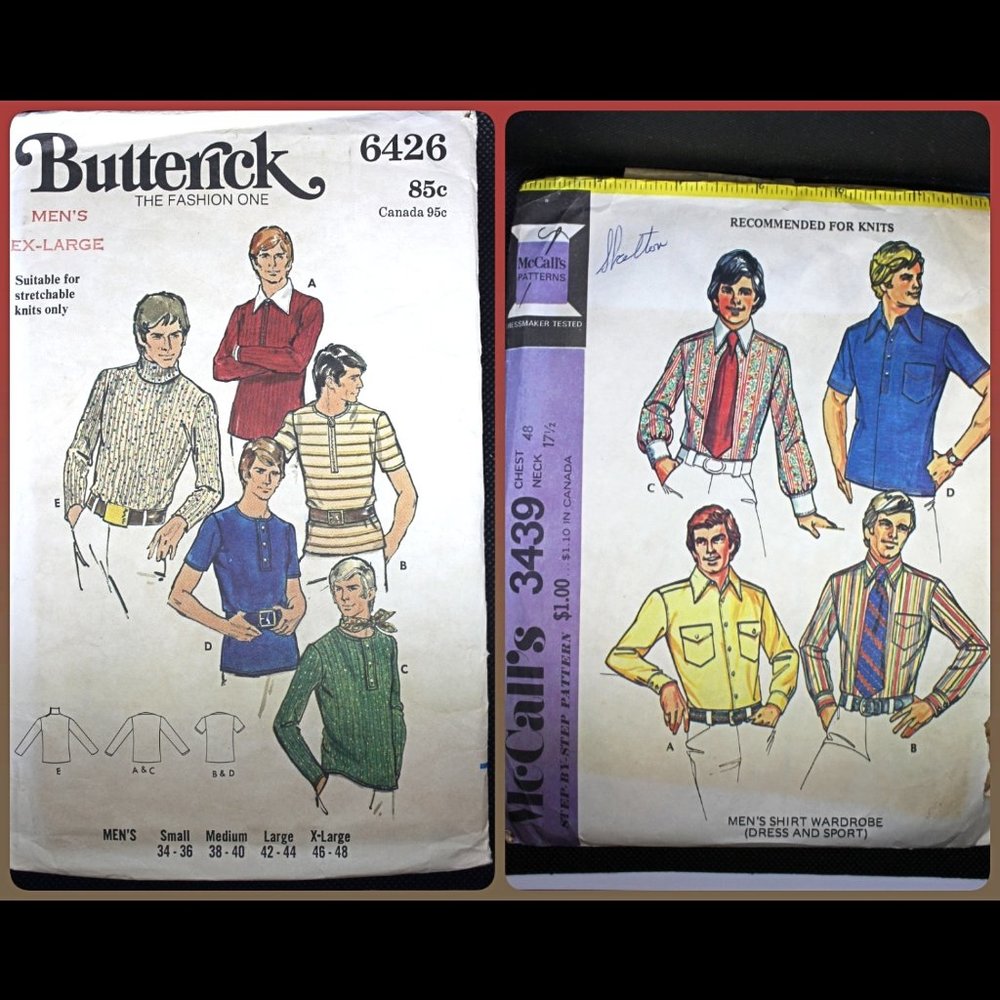 Mens X-Large Shirt Patterns - 2 Vintage Butterick & McCall's - 48" Chest